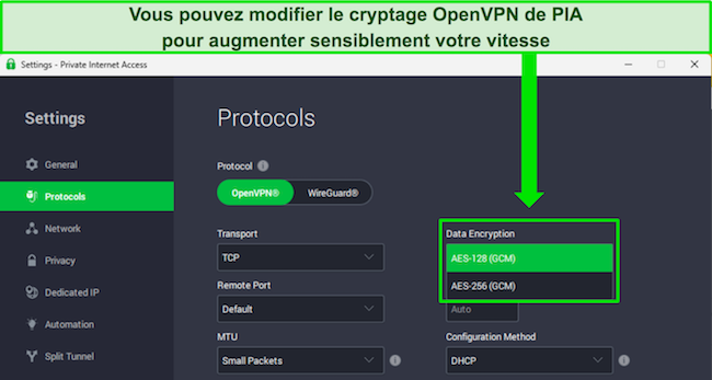 Application Windows de PIA affichant les niveaux de cryptage personnalisables pour OpenVPN