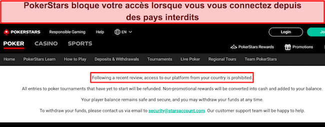 Image de PokerStars bloquant l'acc&egrave;s au site car un emplacement hors r&eacute;gion est d&eacute;tect&eacute;