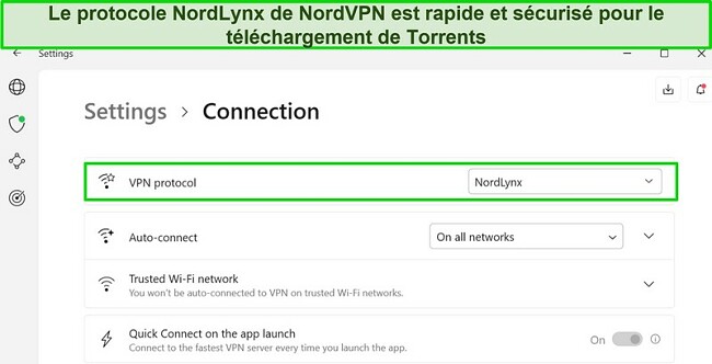Capture d'&eacute;cran de l'application Windows de NordVPN montrant le protocole NordLynx s&eacute;lectionn&eacute;