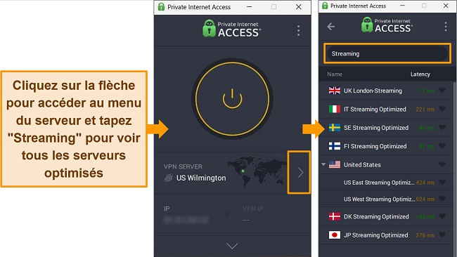 Capture d'&eacute;cran des serveurs de streaming de PIA trouv&eacute;s en tapant &laquo; streaming &raquo; dans la barre de recherche