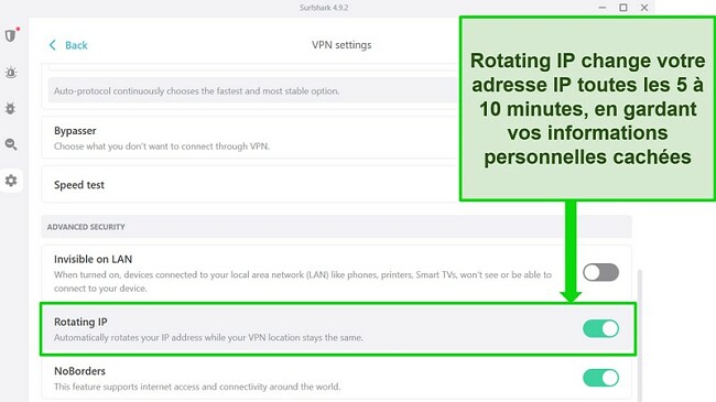 Capture d'&eacute;cran de l'interface Windows de Surfshark montrant la rotation IP activ&eacute;e