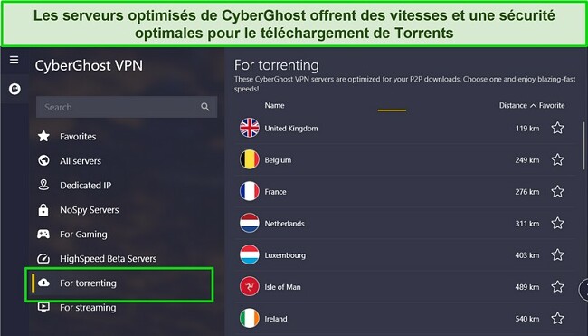 Capture d'&eacute;cran de l'application Windows de CyberGhost avec la liste des serveurs torrent en surbrillance.