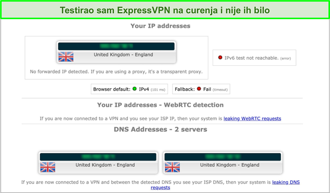 Snimka zaslona rezultata testova propu&scaron;tanja ExpressVPN-a dok je spojen na poslužitelj u Velikoj Britaniji