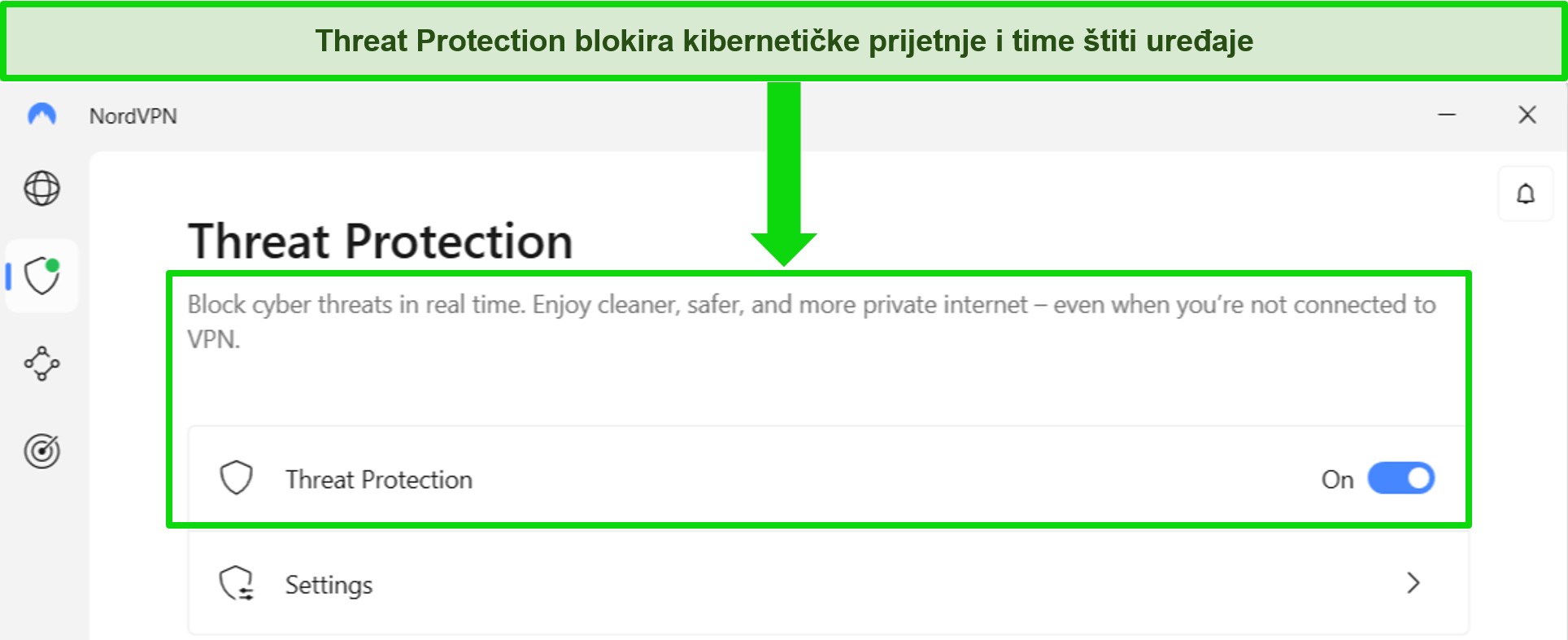 Snimka zaslona NordVPN-ove Windows aplikacije koja pokazuje da je značajka za&scaron;tite od prijetnji uvijek uključena.