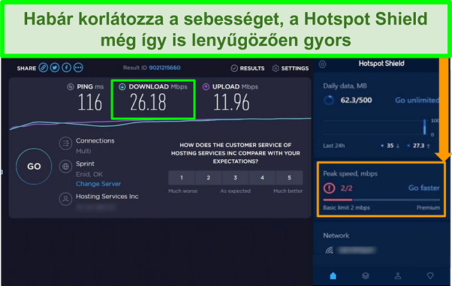 Pillanatk&eacute;p a sebess&eacute;gvizsg&aacute;lat eredm&eacute;nyeiről, mik&ouml;zben a Hotspot Shield interf&eacute;szhez csatlakozik