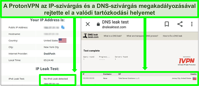A DNS- &eacute;s IP-c&iacute;m sziv&aacute;rg&aacute;si teszt k&eacute;pernyők&eacute;pe, amely nem mutat IP-sziv&aacute;rg&aacute;st a Proton VPN-hez val&oacute; csatlakoz&aacute;s k&ouml;zben