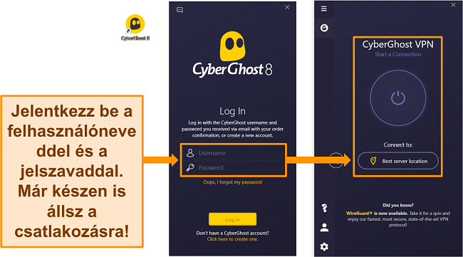 K&eacute;pernyők&eacute;p a CyberGhost Windows alkalmaz&aacute;s&aacute;r&oacute;l, kiemelve a felhaszn&aacute;l&oacute;n&eacute;v &eacute;s jelsz&oacute; szakaszt.