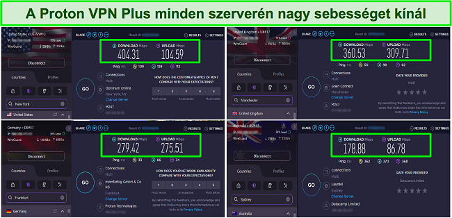 K&eacute;pernyők&eacute;p a Proton VPN sebess&eacute;gtesztekről, amelyek az Egyes&uuml;lt &Aacute;llamokban, az Egyes&uuml;lt Kir&aacute;lys&aacute;gban, N&eacute;metorsz&aacute;gban &eacute;s Ausztr&aacute;li&aacute;ban l&eacute;vő szervereket mutatj&aacute;k be