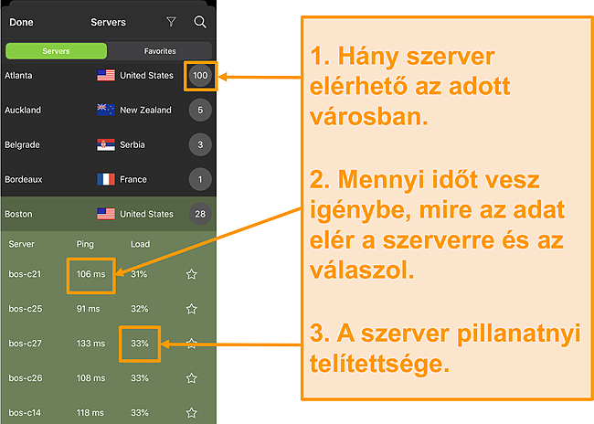 K&eacute;pernyők&eacute;p az IPVanish szerverlist&aacute;r&oacute;l, kiemelve a kiszolg&aacute;l&oacute; sz&aacute;m&aacute;t, a pinget &eacute;s a szerver terhel&eacute;s&eacute;t