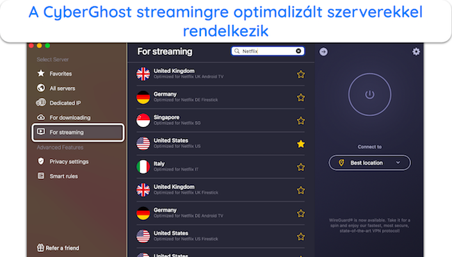 K&eacute;pernyők&eacute;p a CyberGhost Netflixhez optimaliz&aacute;lt szervereiről