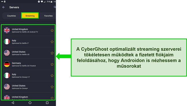 K&eacute;pernyők&eacute;p a CyberGhost streaming szerver men&uuml;j&eacute;ről Androidon