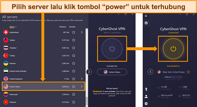 Cuplikan layar menu server CyberGhost yang menjelaskan cara menyambung ke server AS.