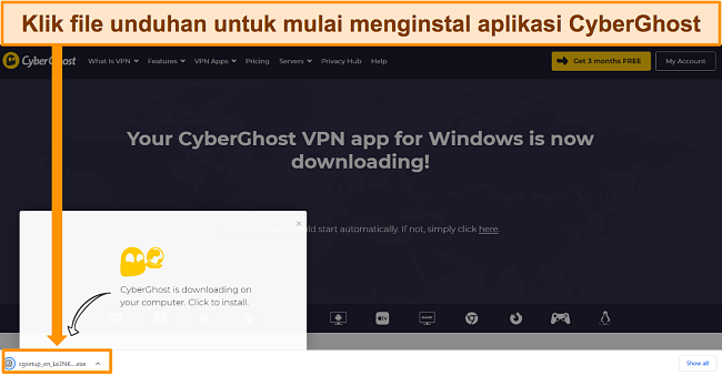 Tangkapan layar pengunduhan aplikasi CyberGhost ke perangkat Windows.