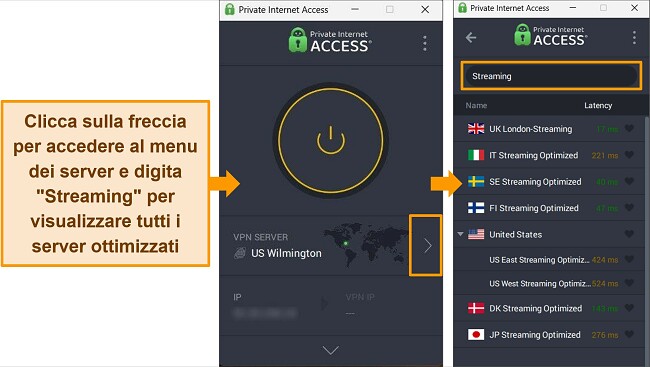 Screenshot dei server di streaming di PIA trovati digitando "streaming" nella barra di ricerca