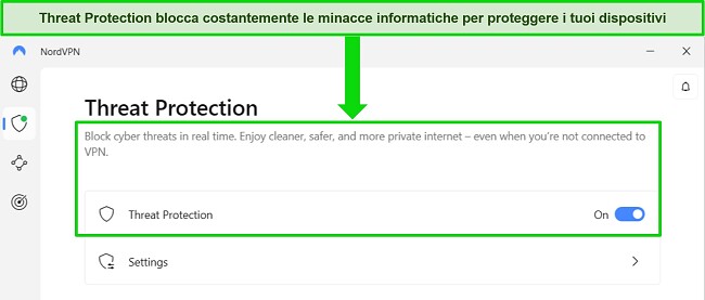 Lo screenshot dell'app Windows di NordVPN che mostra la funzione di protezione dalle minacce &egrave; sempre attiva.