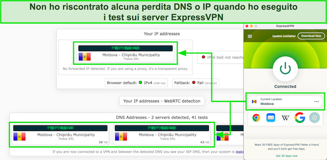 Screenshot dei risultati positivi del test di tenuta su uno dei server Moldova di ExpressVPN