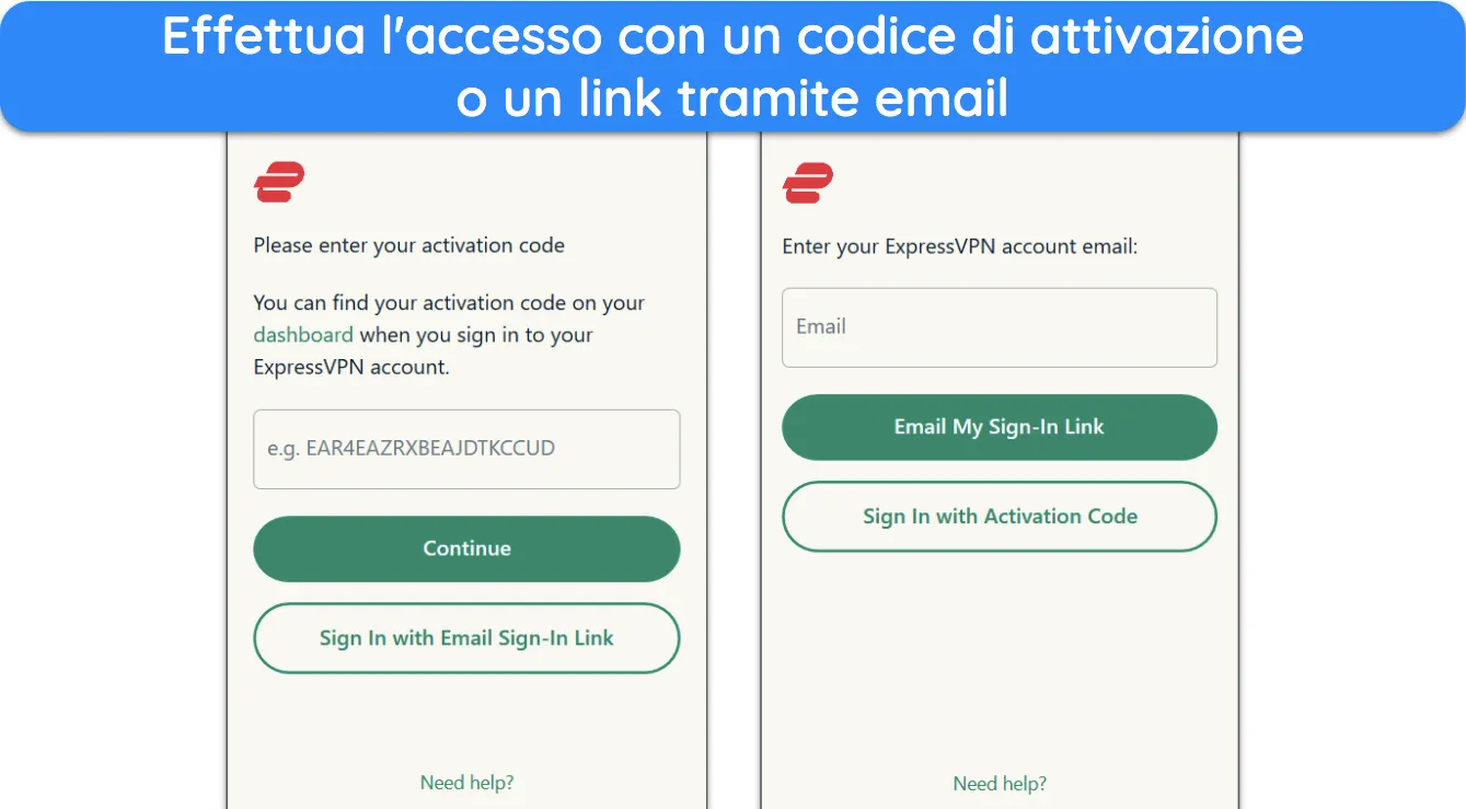 Screenshot che mostra come accedere a ExpressVPN utilizzando un codice di attivazione o un collegamento di accesso e-mail.
