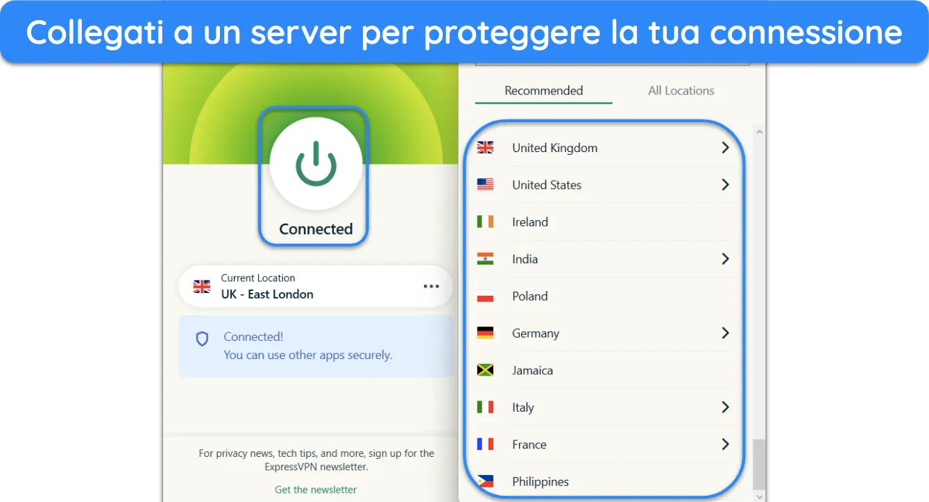 Screenshot che mostra ExpressVPN connesso a un server nel Regno Unito.