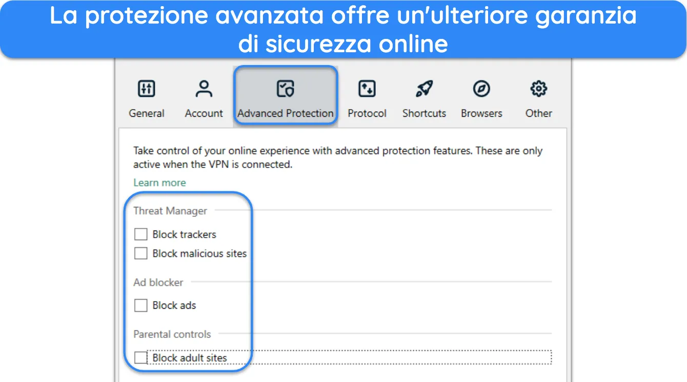Screenshot che mostra la funzionalità di protezione avanzata di ExpressVPN.
