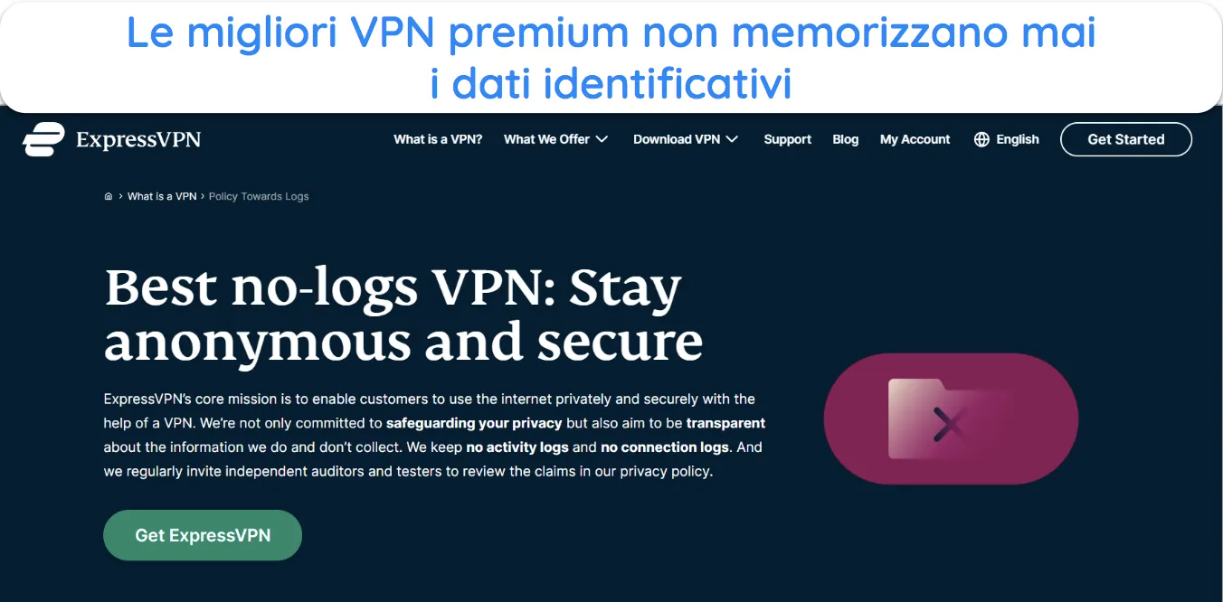 Screenshot che mostra i dettagli della politica no-log di ExpressVPN.