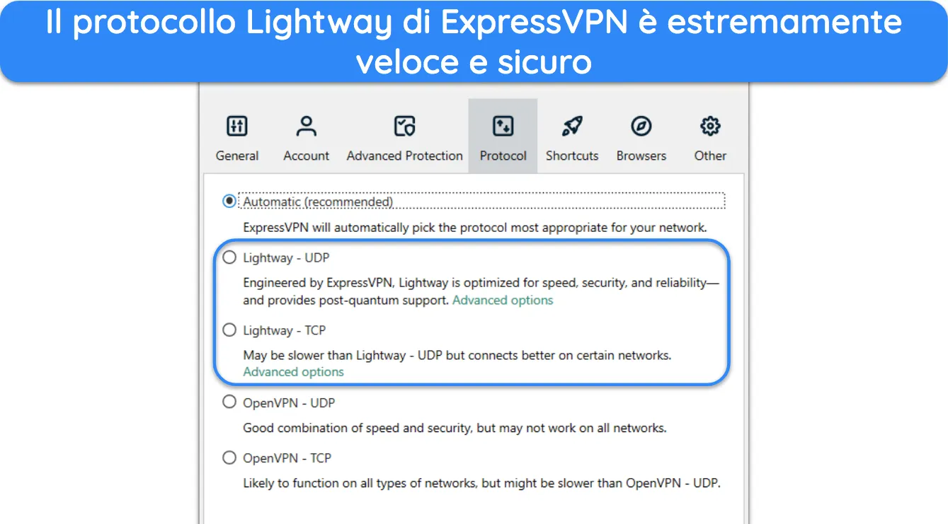 Screenshot che mostra il protocollo Lightway nelle impostazioni di ExpressVPN.