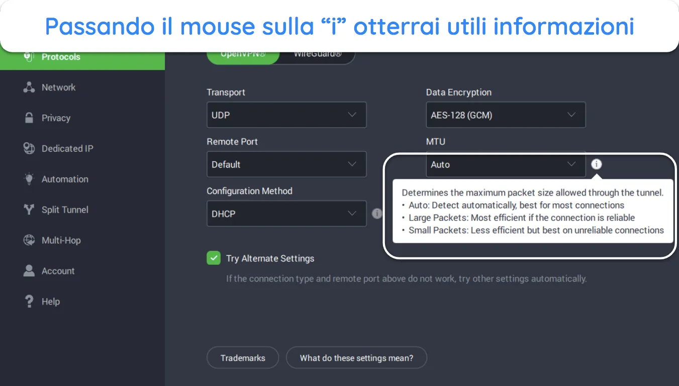Screenshot che mostra come le app di PIA forniscono informazioni aggiuntive sulle funzionalità.