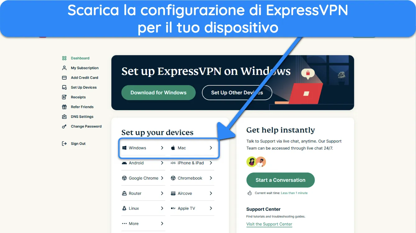 Screenshot che mostra come scaricare la configurazione desktop di ExpressVPN tramite il portale web.