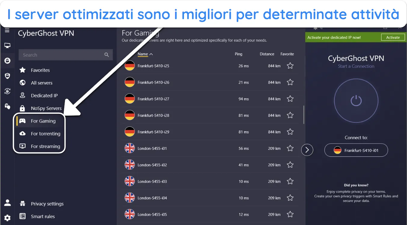 Screenshot che mostra le varie opzioni server ottimizzate di CyberGhost.