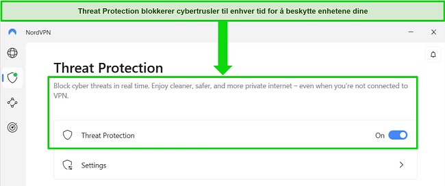 Skjermbilde av NordVPNs Windows-app som viser Threat Protection-funksjonen er alltid p&aring;.