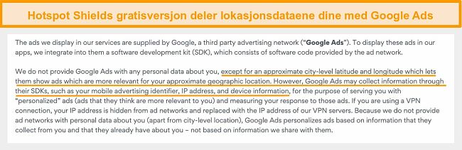Skjermbilde av Hotspot Shields personvernregler p&aring; Google Ads