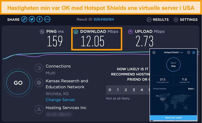 Skjermbilde av Hotspot Shields gratisversjon p&aring; Mac koblet til en amerikansk server med hastighetstestresultater