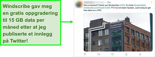 Skjermbilde av Twitter-innlegg som promoterer Windscribe VPN til gjengjeld for 15 GB gratis data hver m&aring;ned