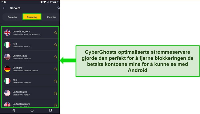 Skjermbilde av CyberGhosts str&oslash;mmeservermeny p&aring; Android