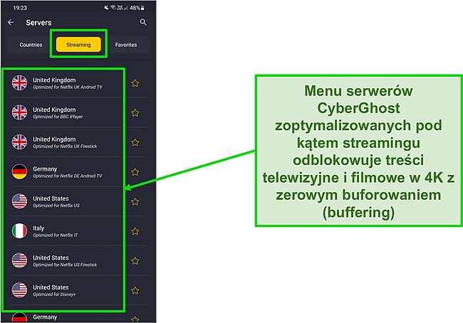Zrzut ekranu serwer&oacute;w zoptymalizowanych pod kątem przesyłania strumieniowego w aplikacji CyberGhost na Androida.