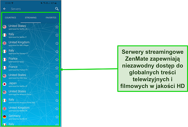 Zrzut ekranu listy serwer&oacute;w ZenMate zoptymalizowanych pod kątem przesyłania strumieniowego na Androida.