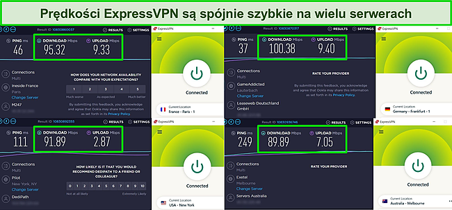 Zrzut ekranu ExpressVPN połączonego z wieloma serwerami i wyniki test&oacute;w prędkości przeprowadzonych na tych serwerach.