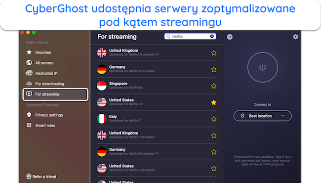 Zrzut ekranu zoptymalizowanych serwer&oacute;w CyberGhost dla serwisu Netflix