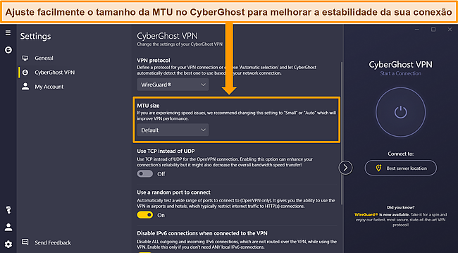 Captura de tela do aplicativo do Windows da CyberGhost com o tamanho da MTU em Configura&ccedil;&otilde;es destacadas.
