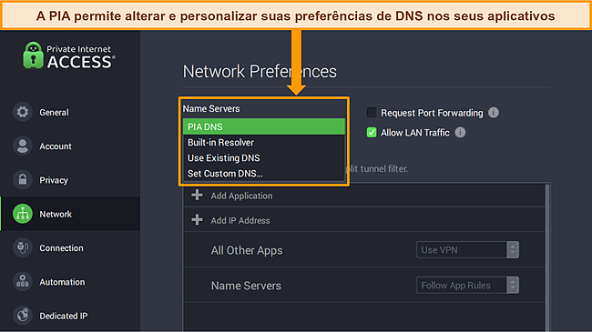 Captura de tela do aplicativo Windows da PIA com o menu Prefer&ecirc;ncias de rede aberto e op&ccedil;&otilde;es do servidor DNS destacadas.