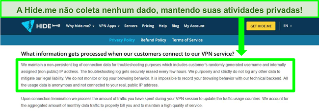Captura de tela da pol&iacute;tica de privacidade do Hide.me mostrando que nenhum registro de dados &eacute; mantido