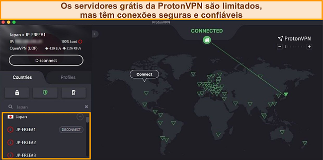 Captura de tela do Proton VPN conectado a um servidor gratuito no Jap&atilde;o.