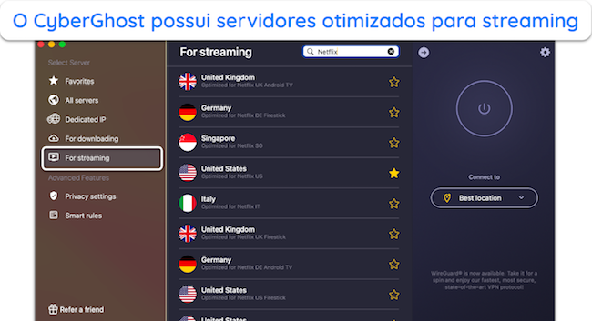 Captura de tela dos servidores otimizados do CyberGhost para Netflix