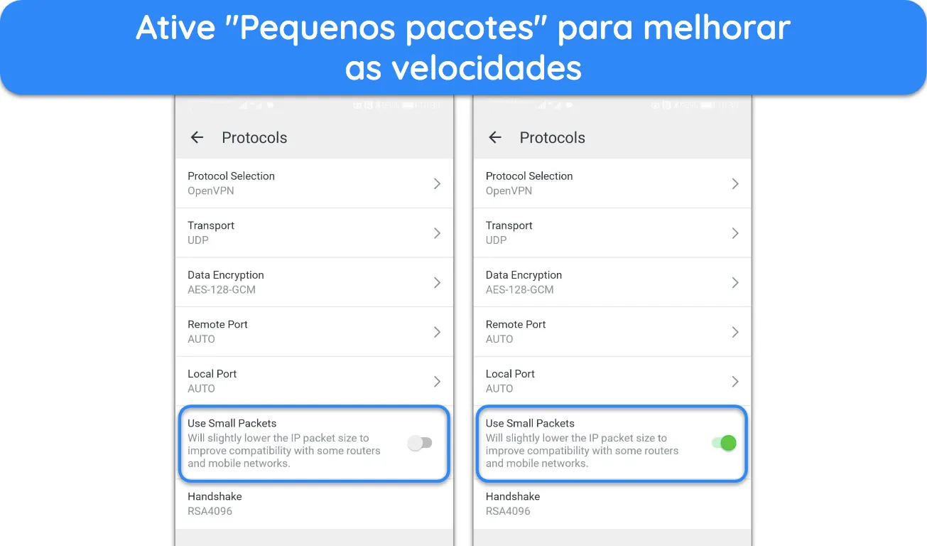 Captura de tela da op&ccedil;&atilde;o MTU Small Packet no aplicativo Android da PIA.
