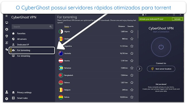 Captura de tela dos servidores otimizados para torrent do CyberGhost