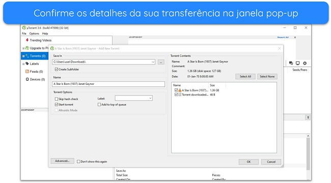 Captura de tela da janela pop-up de detalhes do download no uTorrent