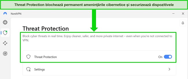 Captură de ecran a aplicației Windows NordVPN care arată că funcția de protecție &icirc;mpotriva amenințărilor este &icirc;ntotdeauna activată.