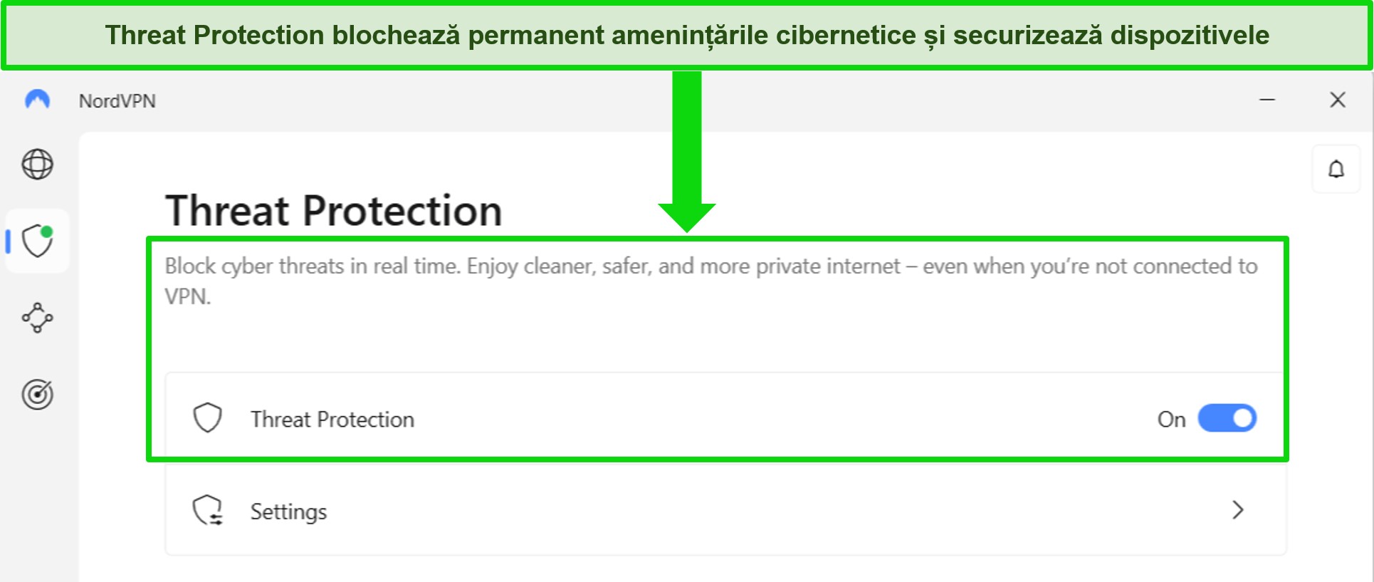 Captură de ecran a aplicației Windows NordVPN care arată că funcția de protecție &icirc;mpotriva amenințărilor este &icirc;ntotdeauna activată.