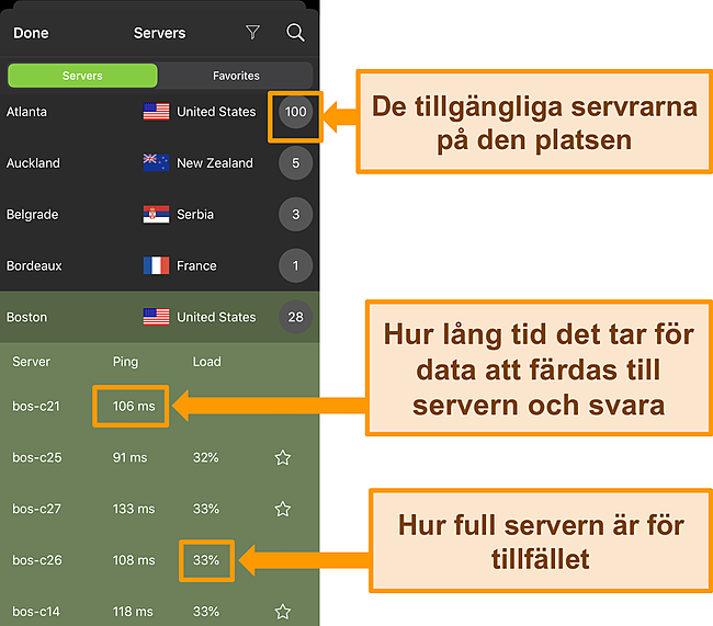 Sk&auml;rmdump av IPVanish iOS-appen med serverinformation markerad.