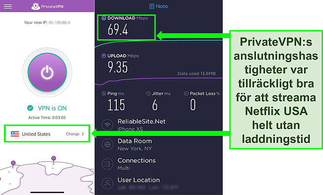 Sk&auml;rmdump av PrivateVPN ansluten till en amerikansk server, plus resultatet av ett Ookla -hastighetstest.