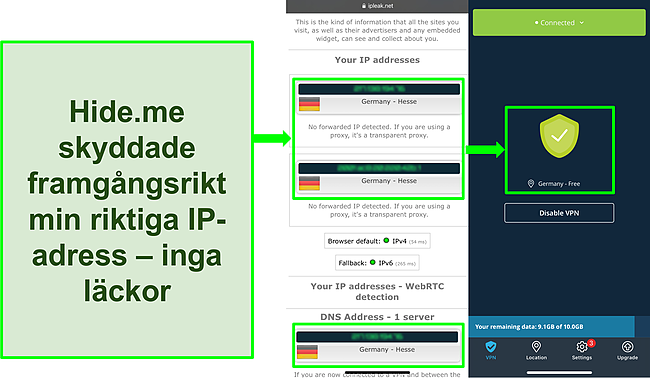 Sk&auml;rmdump av att markera inga IP- eller DNS-l&auml;ckor p&aring; en hide.me VPN-anslutning.